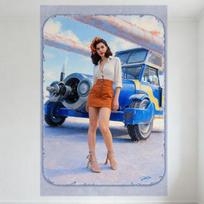 Sexy Retro Pin-Up Girl with Vintage Blue Yellow Car Tin Sign Metal Poster for Bar Pub Home Wall Decor, Vintage Rustic Style 8x12 20x30cm（7.8x11.8inch）