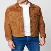Vyriškas ėriuko odos TanSuede striukė | Džinsinio stiliaus zomšiniai marškiniai | Cowboy Suede Trucker Striukė su kišene ant krūtinės | Įžymybės zomšiniai marškinėliai XS gelsvai ruda