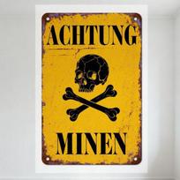 Senovinis Achtung Minen Vokiškas Įspėjimas Minų Laukas Metalinis Skardinis Ženklas Nudėvėtas Kaukolė Kryžiuoti Kaulai Geltonas Retro Sienų Dekoras Barui Vyrui 20x30cm（7.8x11.8inch）
