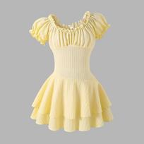 Mergaičių madinga suknelė Vasaros Vaikų Elegantiška Off-the-Shoulder Pūstomis Rankovėmis Laisvalaikio Susiaurinta Juosmens Liekninanti Rifuota Suknelė 130cm=8Y geltona