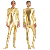 S-3XL Moteriškas blizgus metalinis Zentai kombinezonas visam kūnui, su paaukštintu kaklu, ilgomis rankovėmis, užtraukiamas priekyje, Unitard, skirtas pasirodymams ir klubui L raudona