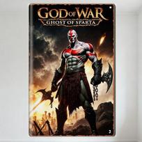 Karo dievas: Spartos vaiduoklis Kratos Metalo skardos ženklas - Senovės mūšio laukas Saulėlydis Epinis žaidimo menas vyro urvui, barui, namų dekoravimui 20x30cm（7.8x11.8inch）
