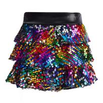 Vaikams, merginoms, blizgūs blizgučiai, daugiapakopiai raukiniai sijonuoti šortai, metaliniai elastingi juosmuo „Culottes“ šokių scenos kostiumas 3-4 Years auksas