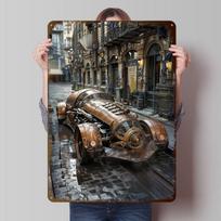 Steampunk Car in City Tinplate Poster Customized Wall Art Vintage Metal Signs Retro Tin Plaque for Bedroom Decoration Gaming 20x30cm（7.8x11.8inch）