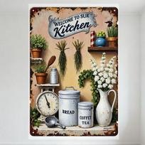 Vintažinis rustic metalinis skardinis ženklas, Sveiki atvykę į mūsų virtuvę, Jauki virtuvės scena su augalais, indais ir indais namų kavinės dekoravimui 20x30cm（7.8x11.8inch）