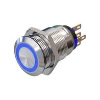 Metzler | Momentinis mygtukas 19mm | LED Apskritas šviesos diodas 230 V ACMėlynas | IP67 IK10 | Nerūdijantis plienas | Plokščias | Lituotinės jungtys