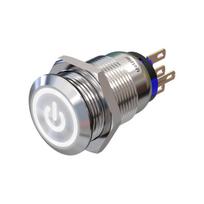 Metzler | Momentinis mygtukas 19mm | LED Ženklas Baltas | IP67 IK10 | Nerūdijantis plienas | Plokščias | Lituotinės jungtys