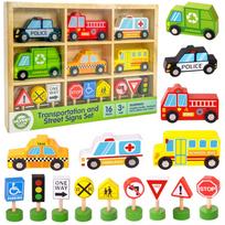 Medinis transporto priemonių ir kelio ženklų rinkinys WOOPIE GREEN 15 vnt