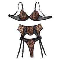 Seksualus moteriškas leopardo rašto apatinių komplektas su nėriniuotais lopais, žemu iškirpte, push up trijų dalių komplektas S leopardas