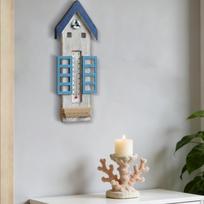 Medinis sieninis termometras Jūrinio stiliaus Vidaus ir lauko pakabinamas termometras Paplūdimio nameliui Ežero nameliui House 30x10cm