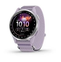 Garmin Approach J1 išmanusis laikrodis, sidabrinis rėmelis/alyvinė ComfortFit audinio apyrankė