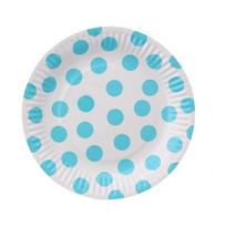 Popierinės lėkštutės, baltos su žydrais taškeliais – „Polka Dot Blue“ (6 vnt., 18 cm)