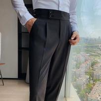 Western Pants Men's Korean Version Slim Fit Small Leg Pants Retro High Waisted Business Solid Color Straight Leg Casual Pants 26 pilka