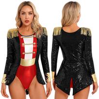 Womens Circus Ringmaster Cosplay Bodysuit Long Sleeve Sequin Tail Jumpsuit Halloween Festival Costumes S raudona