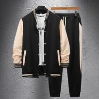 Men's Spring and Autumn Baseball Uniform Casual All-match Men's Cardigan Jacket Color Matching Sports Trousers Suit XS mėlyna