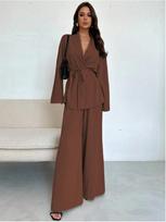 2025 Autumn/Winter V-Neck Women's Elegant Wide-Leg Pants Set XL tamsiai ruda spalva