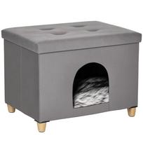 2-IN-1 kačių urvas pufas su pagalvėle medinės kojos kačių namelis kačių krepšys minkštas paminkštintas ottomanas elegantiškas dizainas nuimamas MDF pliušas pilkas 60 x 45 x 44,5 cm