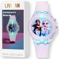 Vaikiškas laikrodis LIVMAN KR-3257 su animacinės princesės tema, spalvingomis LED lemputėmis ir pridedama CR2025 baterija
