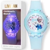 Vaikiškas laikrodis LIVMAN KR-3257 su animacinės princesės tema, spalvingomis LED lemputėmis ir pridedama CR2025 baterija