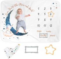 Luka&Lily kūdikio pasiekimų pūkuota antklodė – dramblio ir mėnulio tema, 100×150 cm, Milestone pūkuotas pledas Luka&Lily, kūdikio gimtadieniams, 100x150 cm, aksominis, minkštas ir pūkuotas flanelinis audinys, seilinukas, amžiaus pasirinkimo apvadai, dramblio mėnesio tema
