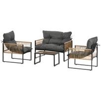 "Outsunny" 4 dalių rotango sodo baldų komplektas, sėdimųjų baldų komplektas su pagalvėlėmis, sodo komplektas su 1 stikliniu kavos staliuku, 2 foteliais, 1 dvigule sofa, sėdimųjų baldų komplektas, Tamsiai pilka