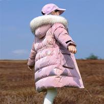 Pūkinė striukė žiema, šilta, ilgas stilius, parkas, gaubtas, užtrauktukas, kailinė apykaklė mergaitėms, viršutiniai drabužiai, vaikiški drabužiai 170 rožinė