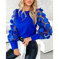 HNXC Moterų madingi kasdieniai vienspalviai marginti ilgomis rankovėmis O formos iškirpte marškiniai ir palaidinės S mėlyna
