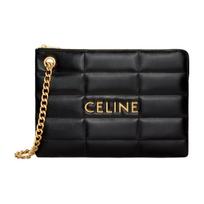 CELINE Gold Logo Quilted Chain Handbag Calfskin Top Handle Clutch Small Size Women's Black Basic Set (Bag + Dust Bag)