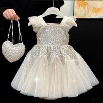 Mergaitei Drabužiai Blizgučiais Skraidančiais Rankogaliais Vasaros Šventiniai Suknelės Mergaitėms Elegantiškas Tinklelio Sijonas Liemenė Princesės Suknelė Vakarinis 90
