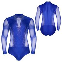 Vyriški lotynų šokio marškiniai Nauji su paaukštintu kaklu ilgomis rankovėmis Baleto šokio triko Salės šokio Tango Rumba Gimnastikos kombinezonas Šokio apranga S mėlyna