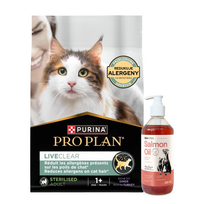 PRO PLAN LiveClear Maistas suaugusiems katėms po sterilizacijos, turtingas kalakutiena, 2,8 kg + LAB V Lašišų aliejus šunims ir katėms 500ml