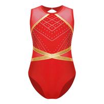 Merginų Blizgantis Cirkonio Gimnastikos Triko Rakto Skylutė Nugaros Dalies Dėlionės Stiliaus Berankovis Bodis Figure Skating Šokio Apranga 5-6 Years raudona