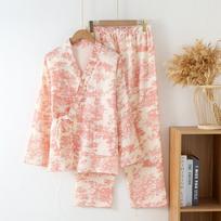 Pavasariniai / Rudeniniai Kinų Stiliaus Pižamos Moterims Medvilninės Džersio Neriamos Ilgomis Rankovėmis Kelnės Elegantiški Namų Drabužiai Kimono Namų Drabužiai M rožinė