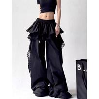 Moteriškos vasarinės cargo kelnės Streetwear Nėriniai mozaika Plačios kelnės Gyaru Harajuku Korėjietiškos laisvos kelnės M juoda