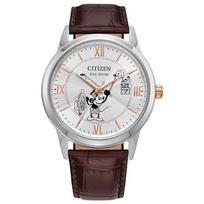 Citizen Eco-Drive Disney Garlaivis Willie Pelėda Mikis Nerūdijančio plieno korpusas Laikrodis Ruda odinė apyrankė (Modelis AW1788-07W)