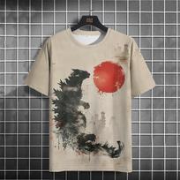 Japanese Style T-Shirt For Men Godzilla And The Cat Graphic T Shirts Printed Short Sleeve T Shirts Oversized Men's Clothing Tops XL