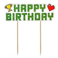 Torto dekoracija „Game On – Happy Birthday“ – žaidimų tematikos torto smeigtukas, 14,5 cm