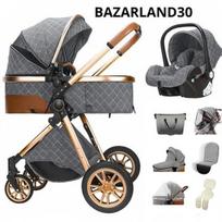 BAZARLAND30 3 in 1 Kūdikių Vežimėlis Combi Automobilinė Kėdutė Šalmas Trikampis Pakeičiamas Reguliuojamas Aukštos Kokybės Nepripučiamos Ratukai MĖLYNA pilka