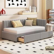 Minkšta lova–sofa 90×200 cm su grotelėmis ir 2 laikymo stalčiais, pilkas aksomas, 1 vnt