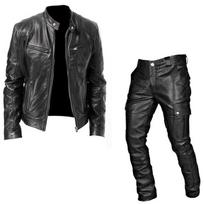 Vyriškas PU odos viduramžių Cosplay kostiumas (striukė ir kelnės) (Ruduo/Žiema) 5XL juodos spalvos rinkinys