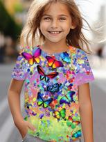 Vaikiški drabužiai Mergaičių drabužiai Trumpomis rankovėmis Mergaičių marškinėliai Gražus drugelio raštas Kawaii apvalia apykakle Mergaičių viršus Vaikų vasariniai drabužiai 130 brown