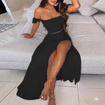 Summer Slim Fit French Bohemian Printed Midi Retro Strapless Dress Set L juoda