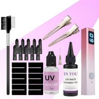 UV Plaukų priauginimo rinkinys - Pilnas rinkinys su UV lempa, klijais, valikliu ir priedais, Super greitas valiklis su nematomu priauginimu A set