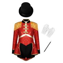 4Pcs Kids Ringmaster Costume Set for Halloween: Sparkling Sequin Bodysuit with Magician Hat, Gloves & Wand, Complete Cosplay 5-6 Years raudona
