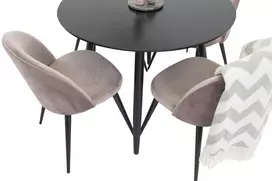 Valgomojo stalas Plaza, Juoda ø100xH75cm, + 4 kėdės Velvet Rožinė/Juoda
