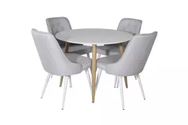 Valgomojo stalas Plaza, Tikmedžio/Balta ø100*H75+4 kėdės Velvet Deluxe, Balta/Pilka