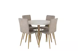 Valgomojo stalas Plaza Balta/Ąžuolo ø100*H75cm + 4 kėdės Windu Lyx, Šviesi pilka/Ąžuolo