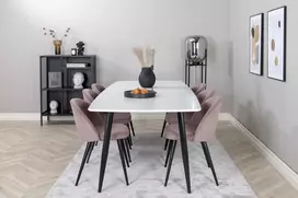 Valgomojo stalas Polar Elips, Juodos kojos/Balta, 240x100xH75cm + 6 kėdės Velvet, Rožinė/Juoda