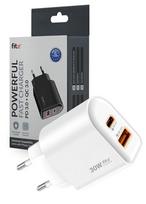 Greitasis įkroviklis adapteris FIT2, 30W (USB A +Type C), FITK22-W, baltas, Juoda