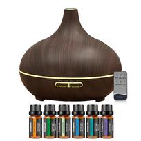 Aromaterapijos difuzorius ir 6 eterinių aliejų rinkinys, 550 ml difuzorius, ultragarsinis difuzorius, vėsaus garo drėkintuvas su 4 laikmačiais, 7 spalvų apšvietimas 550ml